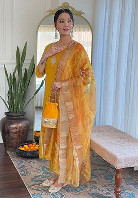 Yellow Embroidered Viscose Kurta Set