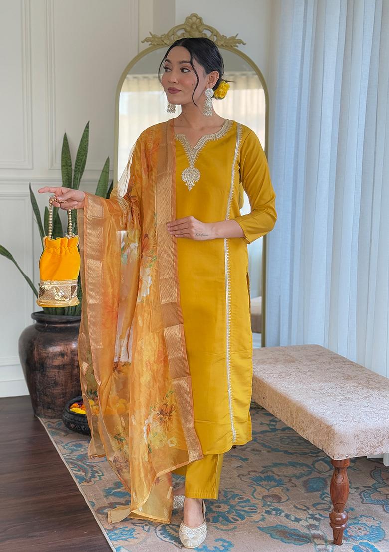 Yellow Embroidered Viscose Kurta Set