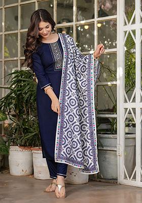 Navy Blue Embroidered Rayon Kurta Set