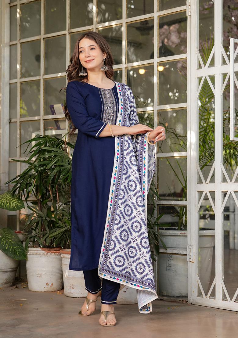 Navy Blue Embroidered Rayon Kurta Set