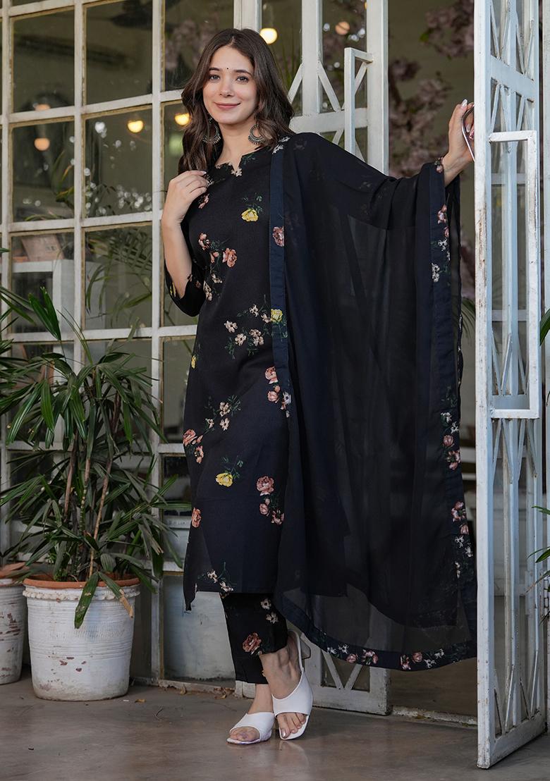 Black Printed Silk Kurta Set