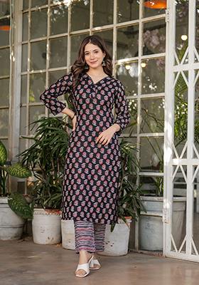 Black Printed Cotton Kurta Set