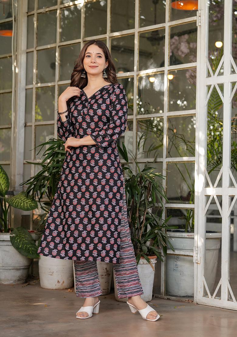 Black Printed Cotton Kurta Set