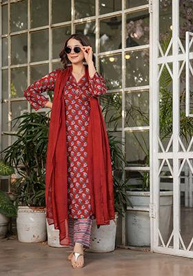 Red Printed Cotton Kurta Set