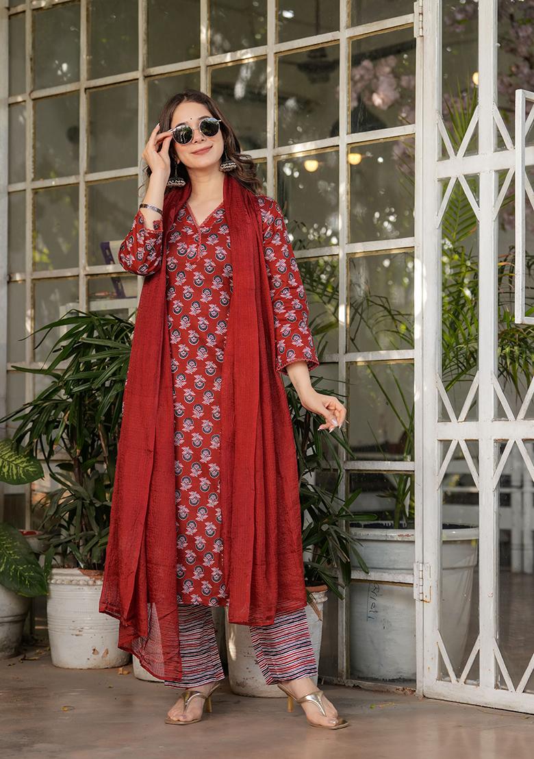 Red Printed Cotton Kurta Set