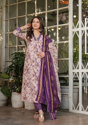 Purple Printed Cotton Kurta Set