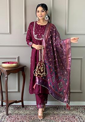 Wine Embroidered Viscose Kurta Set
