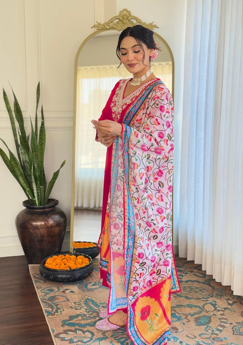 Rani Pink Embroidered Rayon Kurta Set