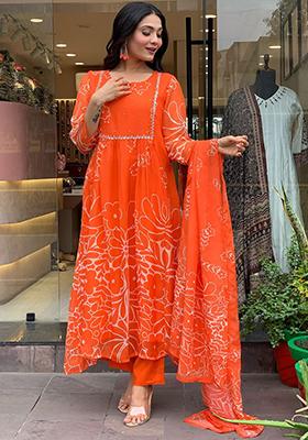 Orange Embroidered Georgette Kurta Set