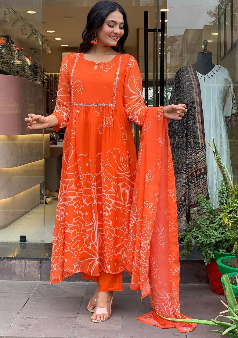 Orange Embroidered Georgette Kurta Set