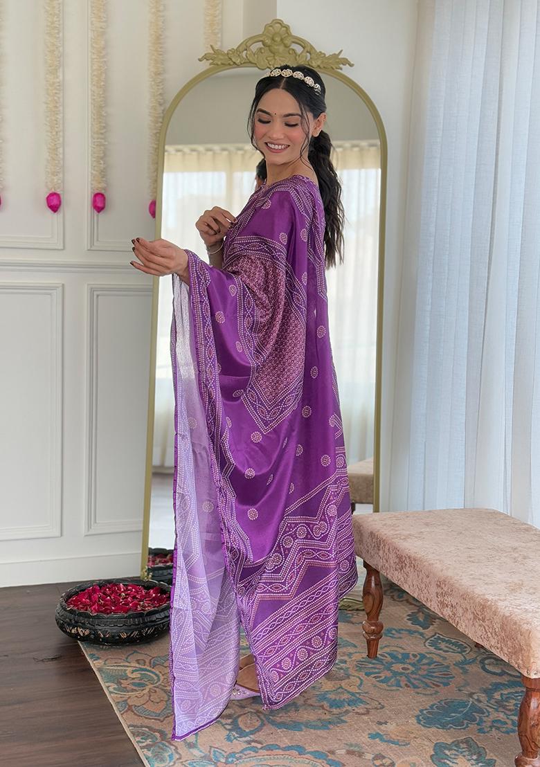 Purple Printed Crepe Kurta Set