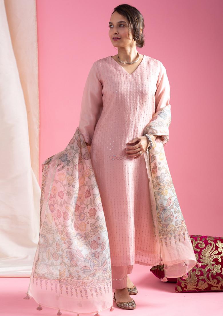 Light Pink Embroidered Chanderi Kurta Set