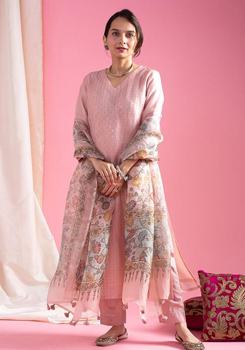Light Pink Embroidered Chanderi Kurta Set