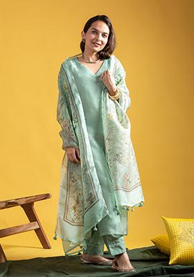 Sea Green Embroidered Chanderi Kurta Set