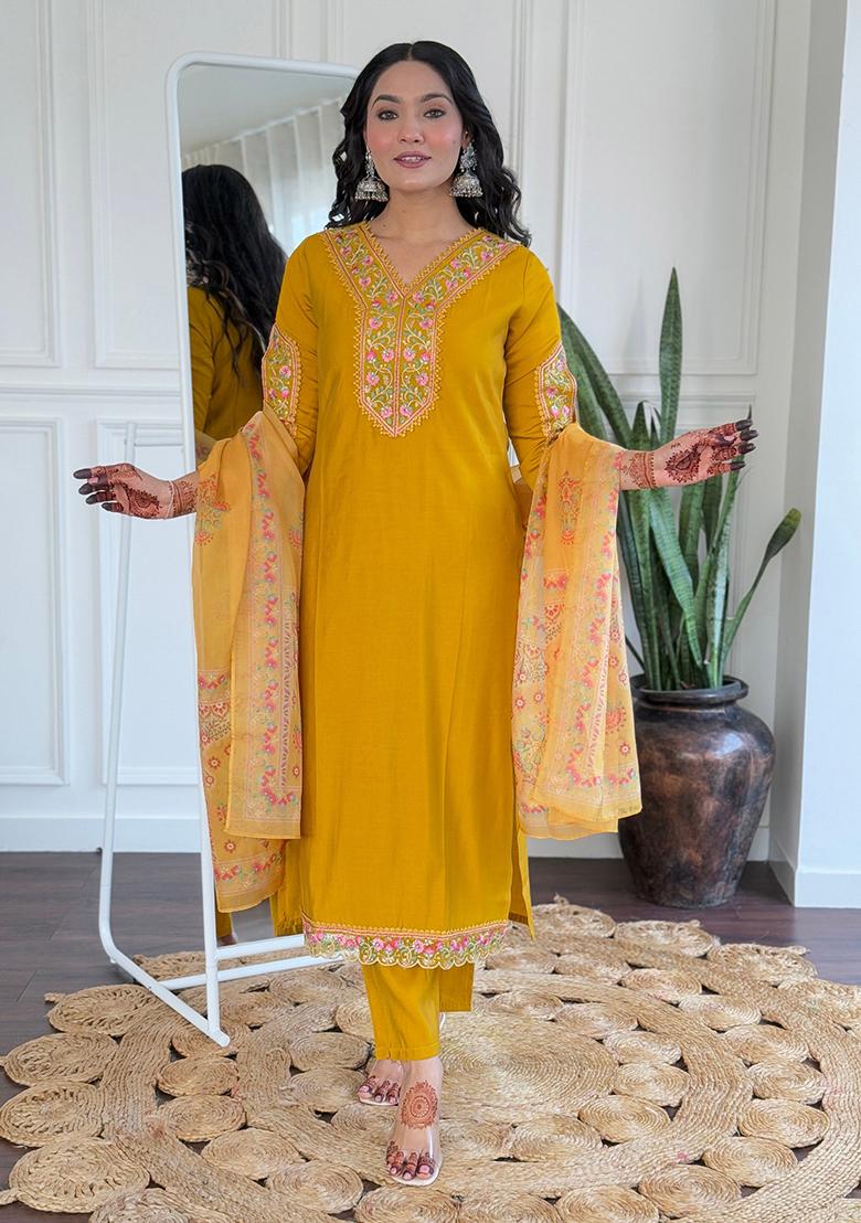 Mustard Embroidered Viscose Kurta Set