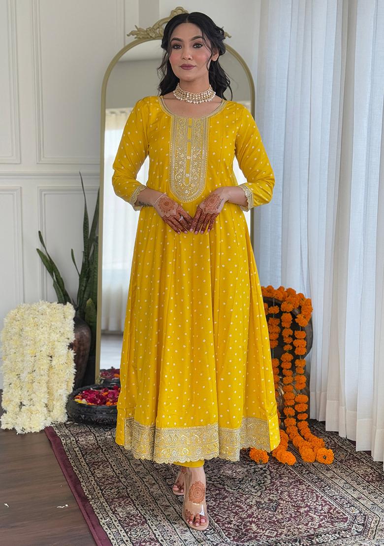 Yellow Embroidered Silk Kurta Set