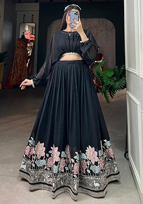 Black Embroidered Georgette Lehenga Set