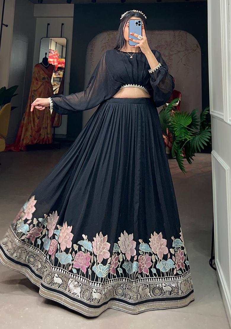 Black Embroidered Georgette Lehenga Set