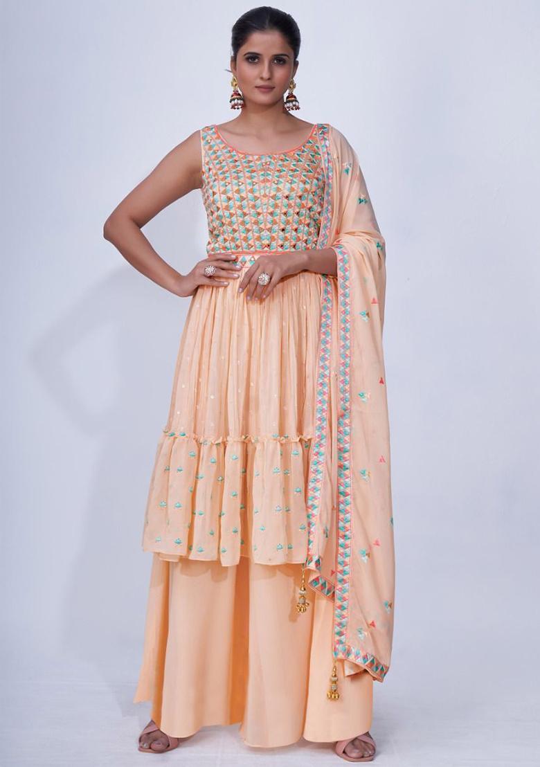 Peach Embroidered Chiffon Kurta Set