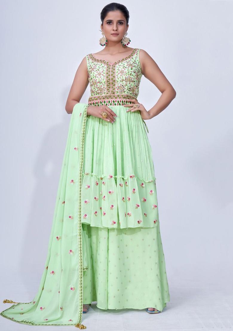 Green Embroidered Chiffon Kurta Set