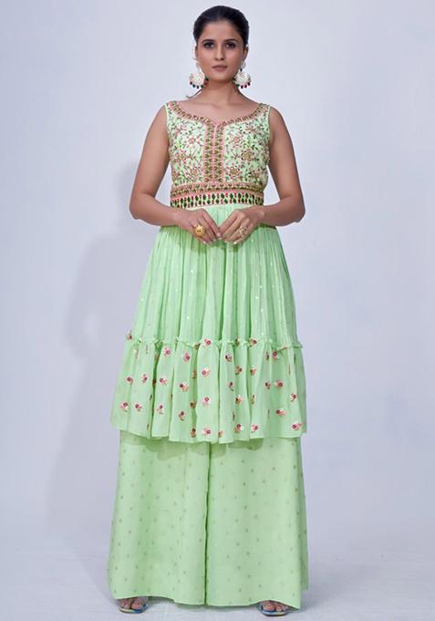 Green Embroidered Chiffon Kurta Set
