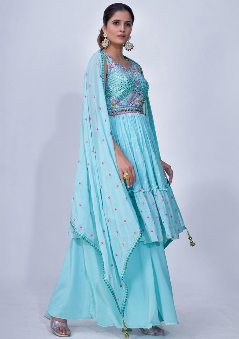 Sky Blue Embroidered Chiffon Kurta Set