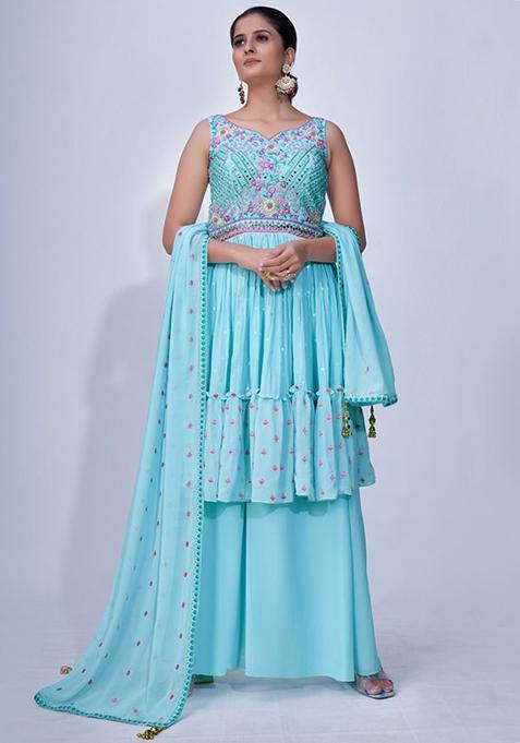 Sky Blue Embroidered Chiffon Kurta Set