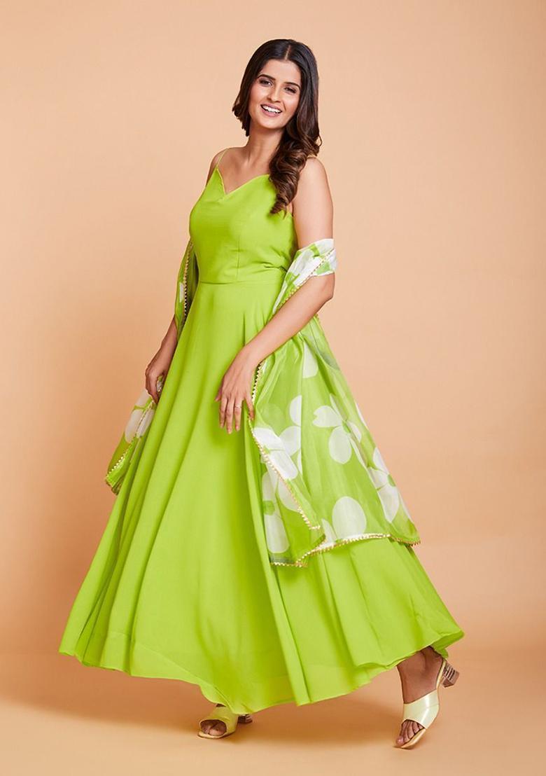 Green Embroidered Georgette Anarkali Set