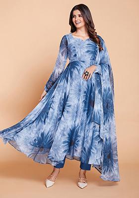 Blue Digital Print Georgette Kurta Set
