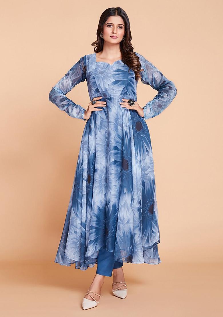 Blue Digital Print Georgette Kurta Set