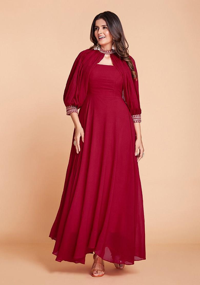 Red Embroidered Georgette Anarkali Set