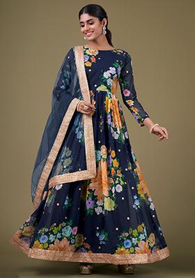 Navy Blue Floral Print Georgette Anarkali Set