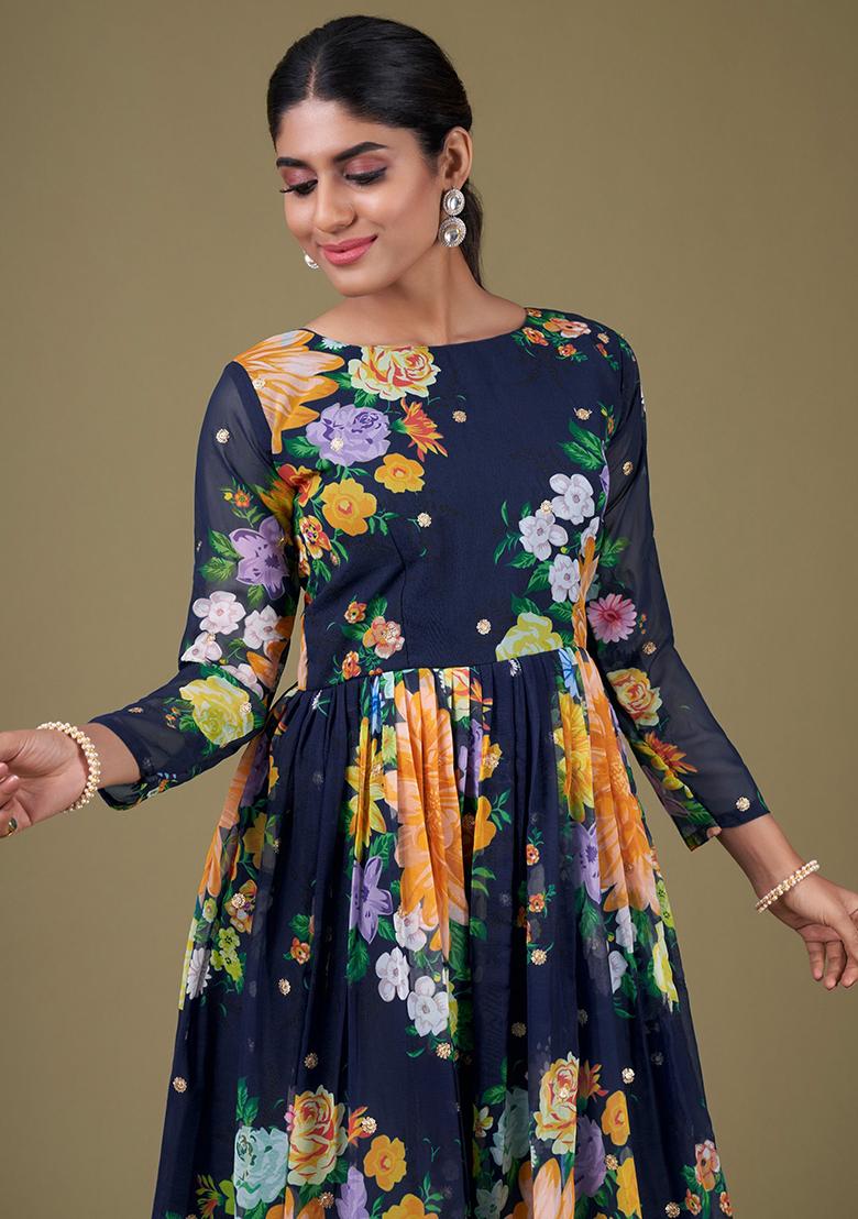 Navy Blue Floral Print Georgette Anarkali Set