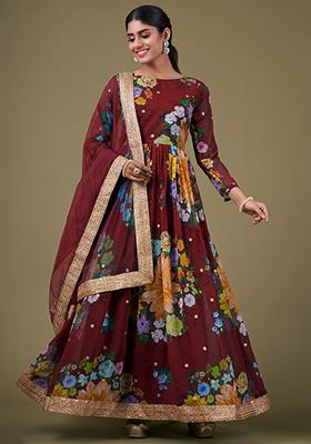 Maroon Floral Print Georgette Anarkali Set