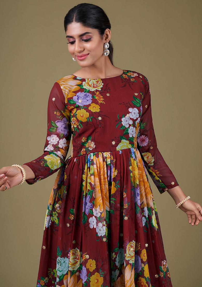 Maroon Floral Print Georgette Anarkali Set