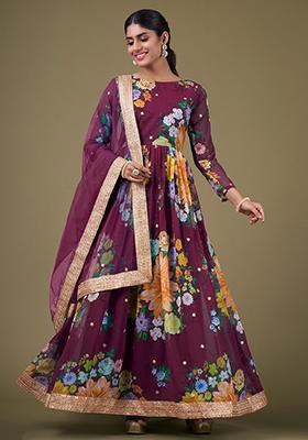 Purple Floral Print Georgette Anarkali Set