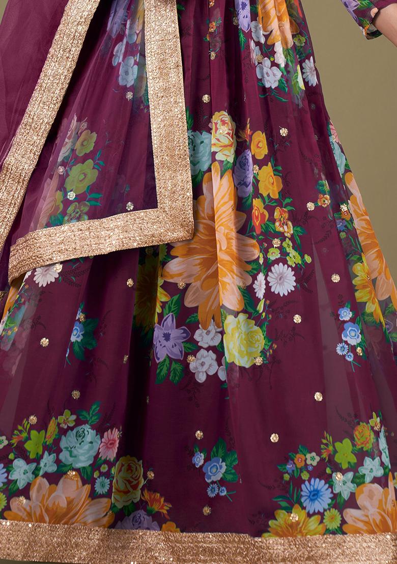Purple Floral Print Georgette Anarkali Set