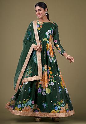 Green Floral Print Georgette Anarkali Set