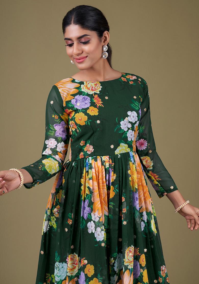 Green Floral Print Georgette Anarkali Set