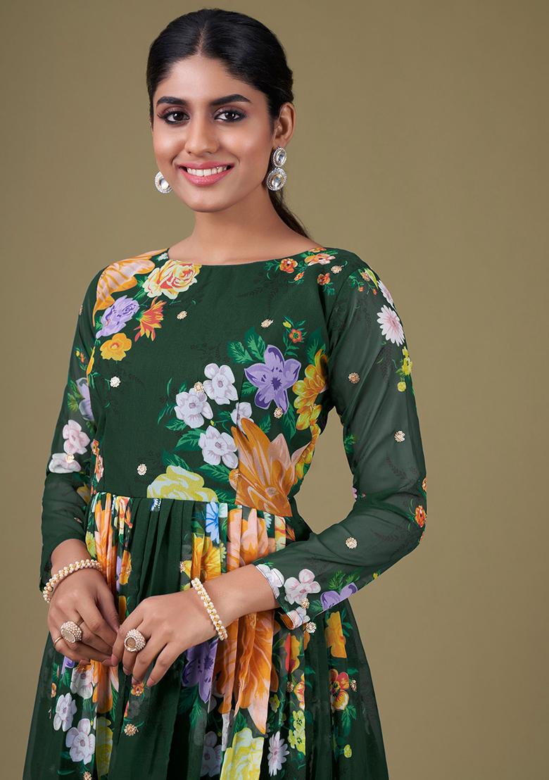 Green Floral Print Georgette Anarkali Set
