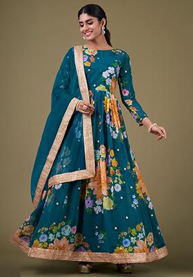 Blue Floral Print Georgette Anarkali Set