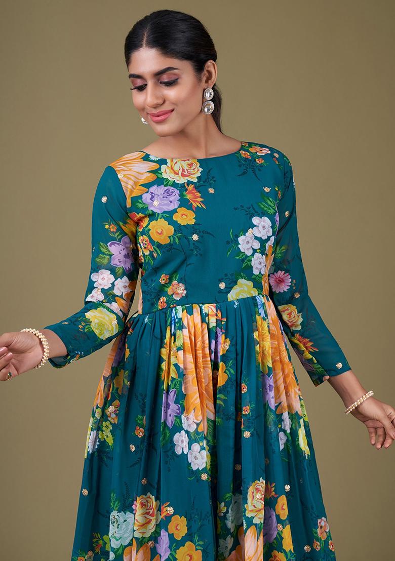 Blue Floral Print Georgette Anarkali Set