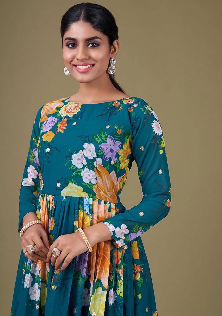 Blue Floral Print Georgette Anarkali Set
