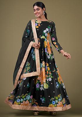 Black Floral Print Georgette Anarkali Set