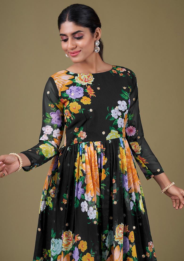 Black Floral Print Georgette Anarkali Set