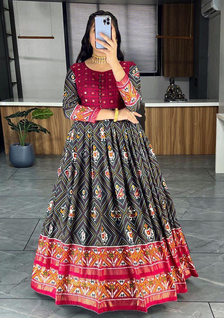Grey Bandhani Print Silk Anarkali Set