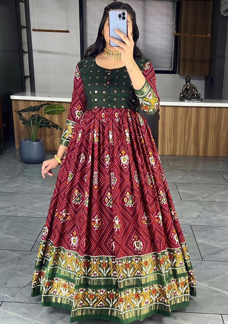 Maroon Bandhani Print Silk Anarkali Set