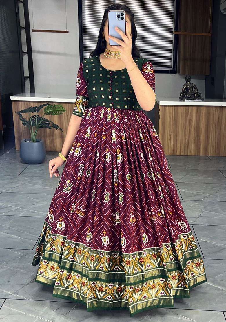 Purple Bandhani Print Silk Anarkali With Dupatta - Indya