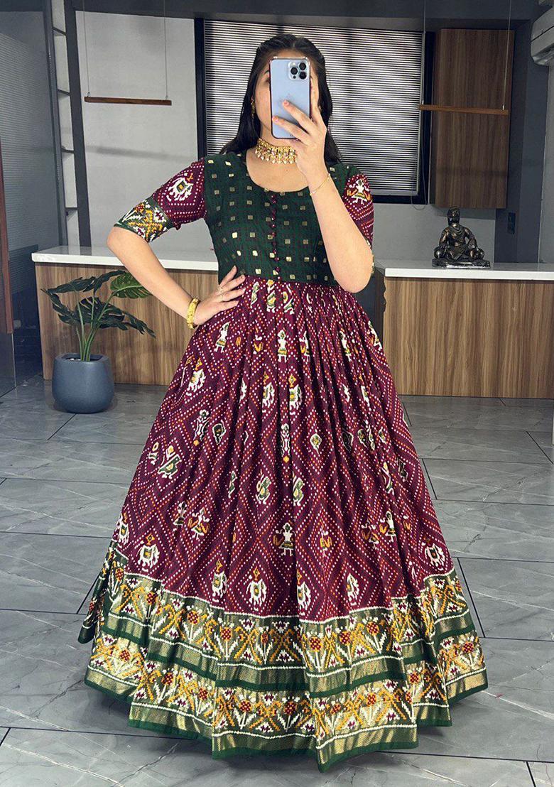 Purple Bandhani Print Silk Anarkali Set