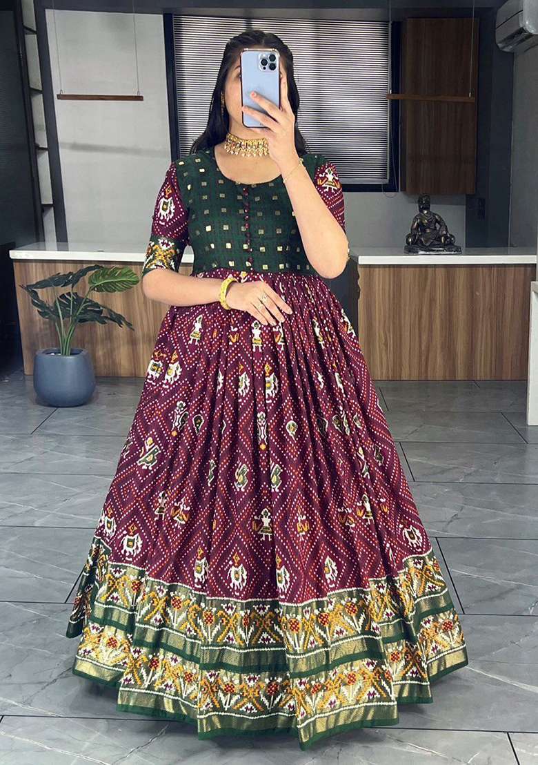 Purple Bandhani Print Silk Anarkali With Dupatta - Indya